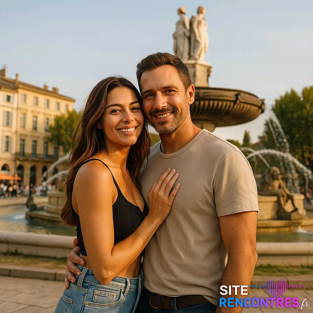 Jeune couple complice devant la fontaine de la Rotonde à Aix-en-Provence – lieu emblématique pour rencontres amoureuses dans le centre-ville