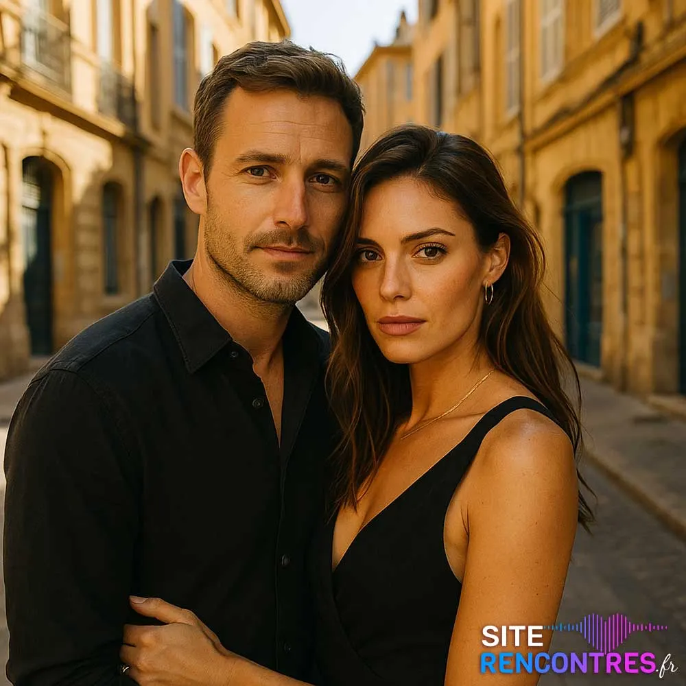Couple chic et complice dans une ruelle du centre historique d’Aix-en-Provence – lieu emblématique pour rencontre amoureuse élégante et authentique