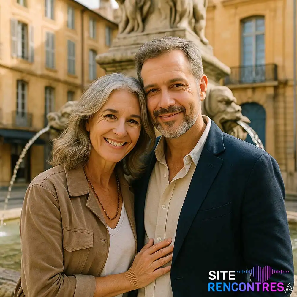 Couple senior complice devant une fontaine historique à Aix-en-Provence – lieu emblématique du centre-ville pour rencontre mature et authentique