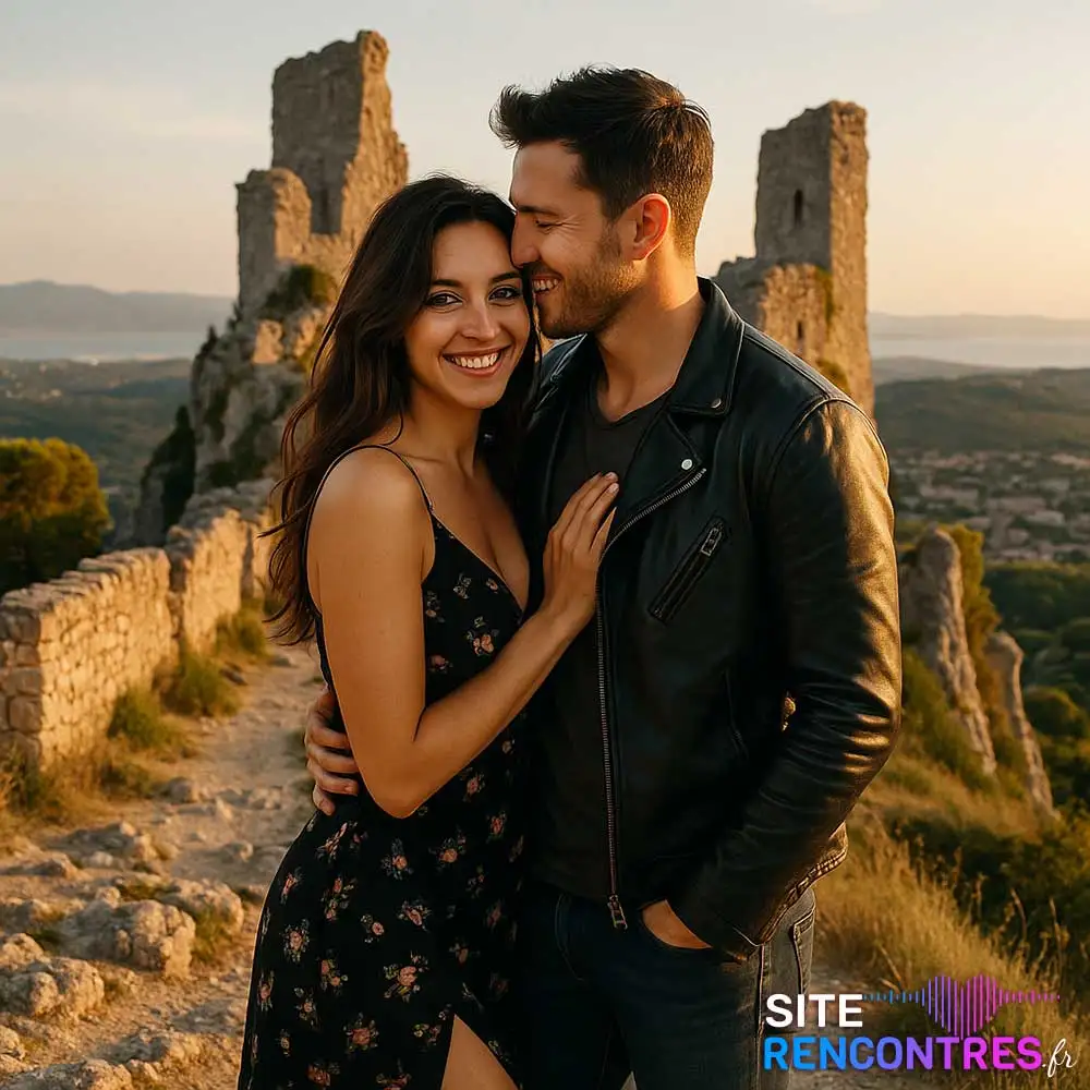 Couple complice devant les ruines du château d’Allauch, moment de rencontre romantique et moderne dans un lieu emblématique de la ville.