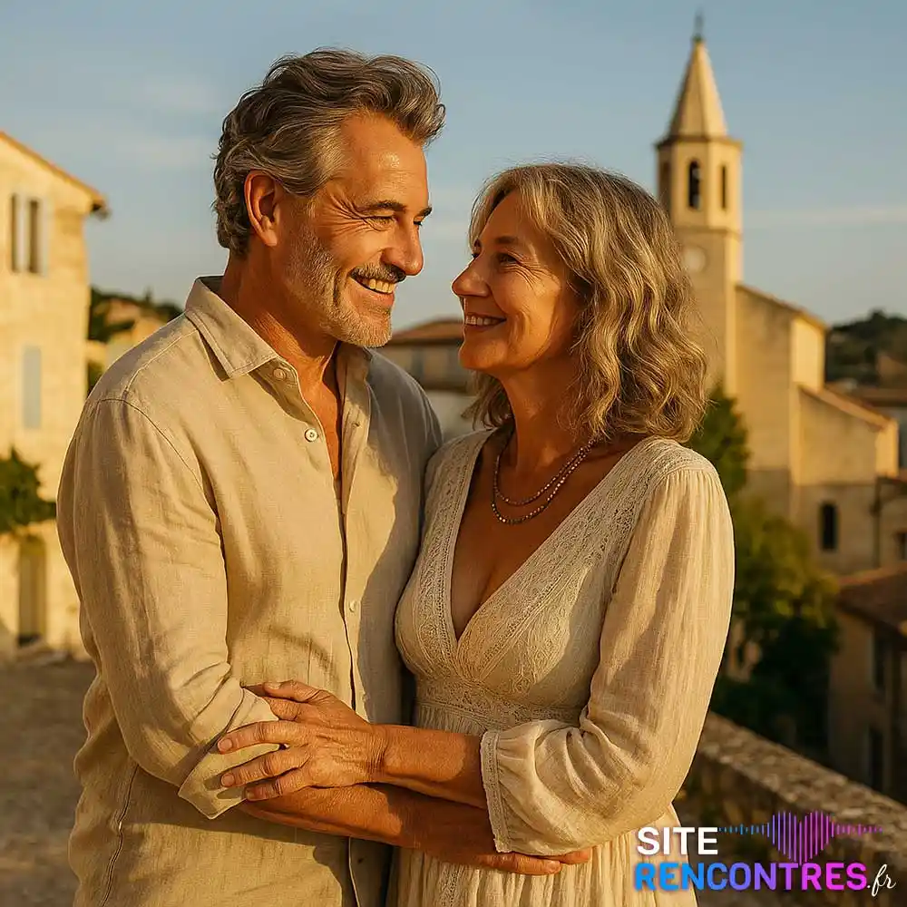 Couple complice de 55 ans à Allauch, posant devant la chapelle Notre-Dame-du-Château, lieu emblématique de rencontre et d'amour authentique.