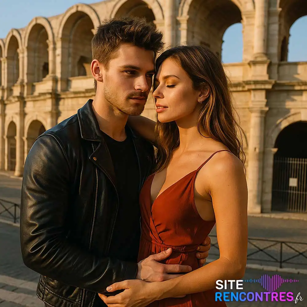 Jeune couple complice devant les Arènes d’Arles – lieu emblématique pour rencontre romantique dans le sud de la France.
