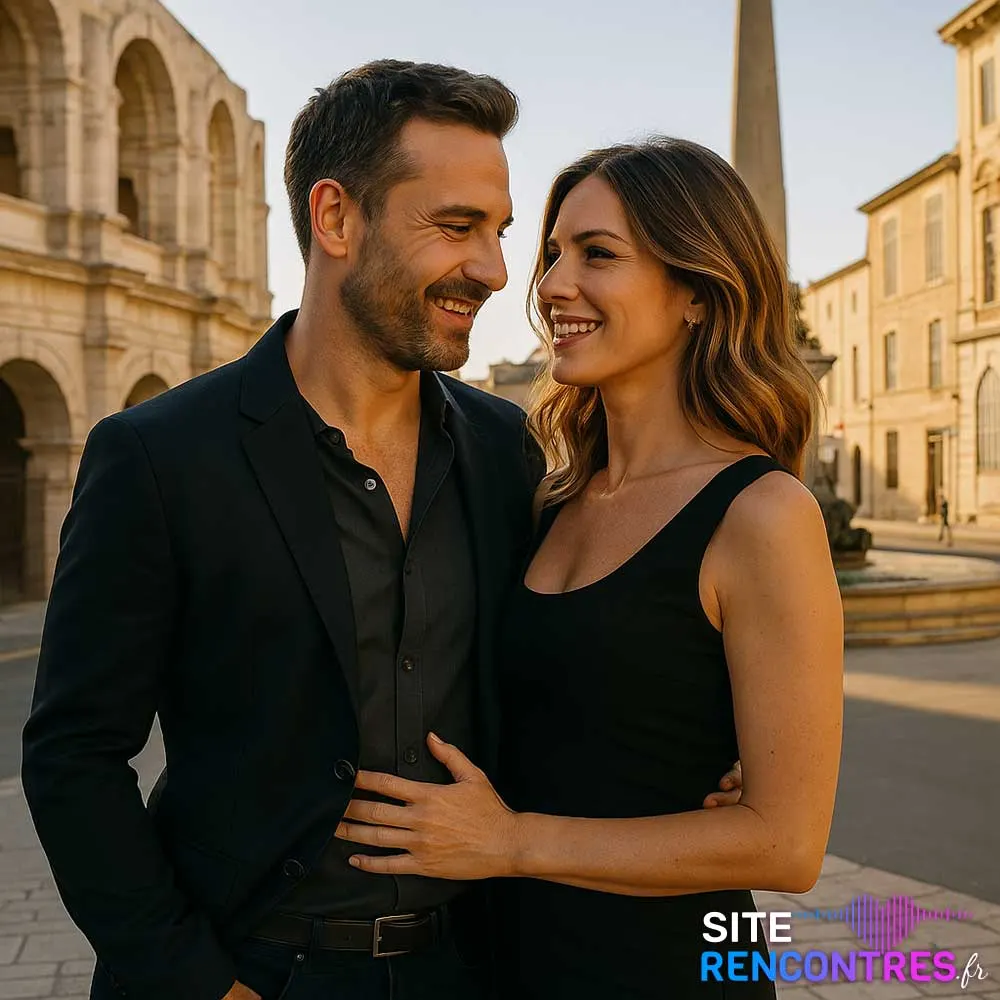Couple élégant et complice devant le théâtre antique d’Arles – lieu emblématique pour rencontre romantique dans le sud de la France.