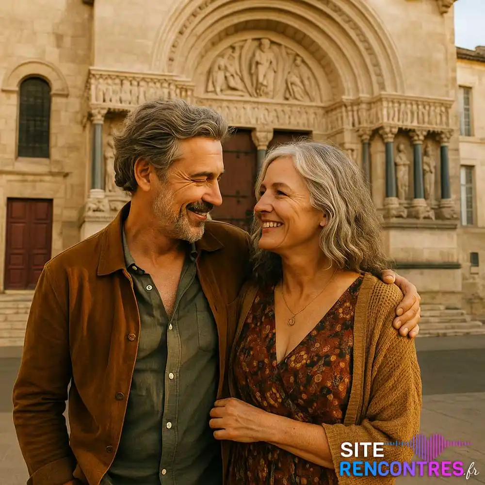 Couple senior complice devant l’église Saint-Trophime à Arles – lieu emblématique pour rencontre authentique en Provence.