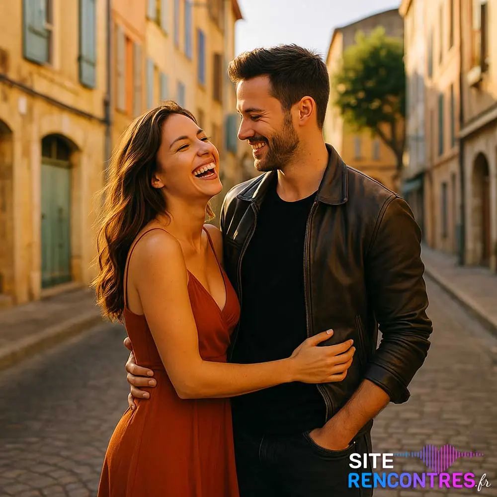 Jeune couple complice dans les ruelles colorées du centre historique d’Aubagne – lieu emblématique pour rencontre amoureuse en Provence.