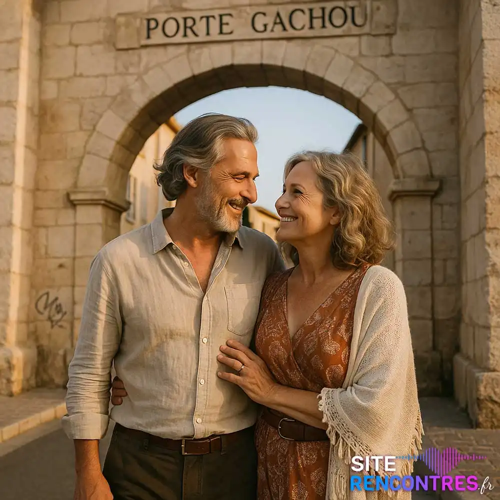 Couple senior complice devant la Porte Gachiou à Aubagne – lieu emblématique pour rencontre authentique en Provence.