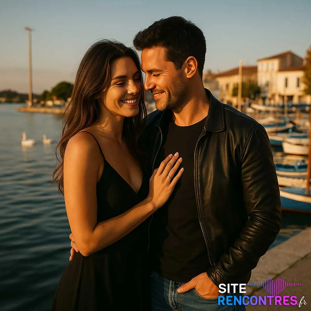 Couple complice au bord de l’étang de Berre à Berre-l’Étang, moment de rencontre romantique au port Albert Samson.