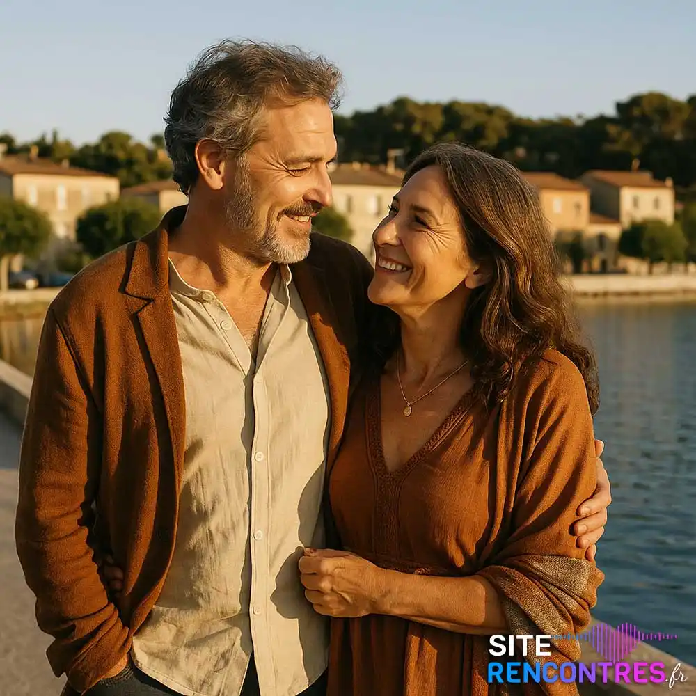 Couple complice à la base de loisirs des Barlats à Berre-l’Étang, rencontre romantique au bord de l’eau en fin de journée.