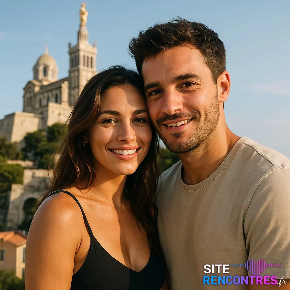 Jeune couple complice devant la basilique Notre-Dame de la Garde à Marseille – lieu emblématique des Bouches-du-Rhône pour une rencontre romantique.