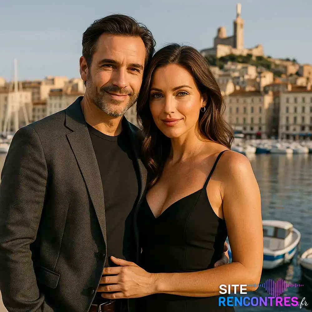Couple chic et complice sur le Vieux-Port de Marseille avec vue sur Notre-Dame de la Garde – lieu emblématique des Bouches-du-Rhône pour rencontres authentiques.