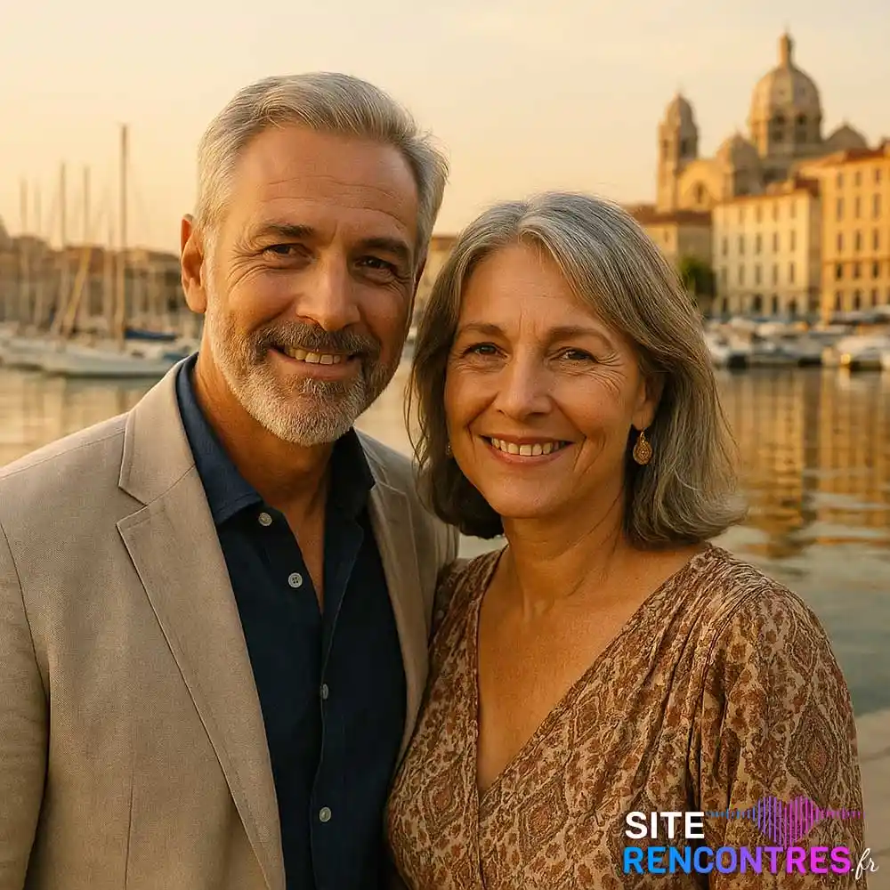 Couple senior complice au Vieux-Port de Marseille avec la cathédrale de la Major en arrière-plan – cadre emblématique pour rencontre authentique en Bouches-du-Rhône.