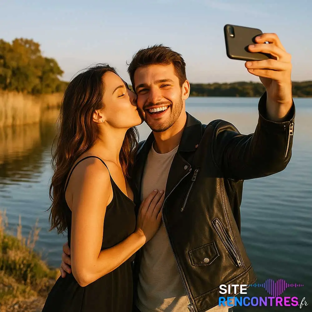 Couple complice de 25 ans au bord de l’Étang de Bolmon à Châteauneuf-les-Martigues, capturant une rencontre romantique locale au coucher du soleil.