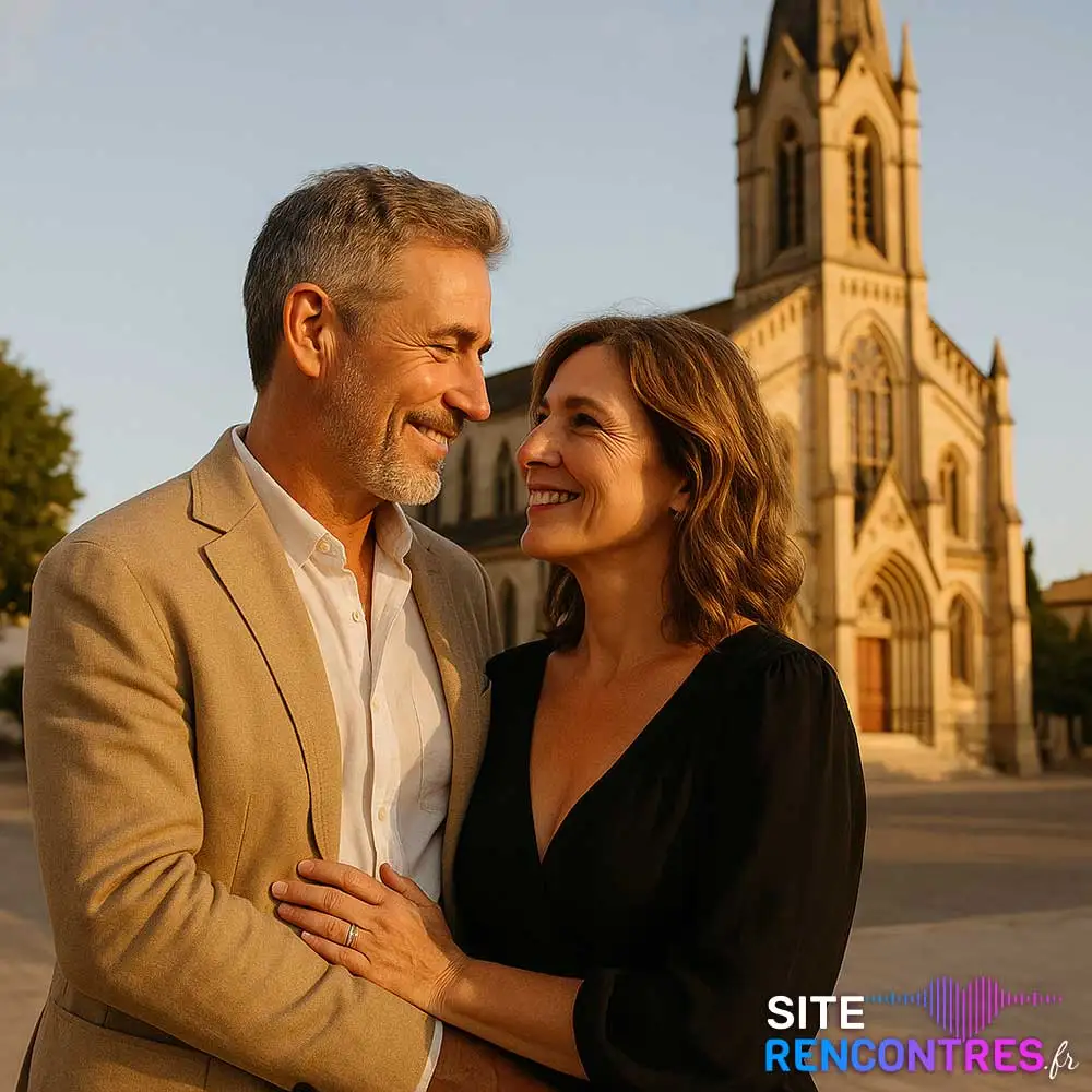 Couple complice devant l’église Sainte-Cécile à Châteauneuf-les-Martigues, moment de rencontre romantique en plein cœur de la ville.