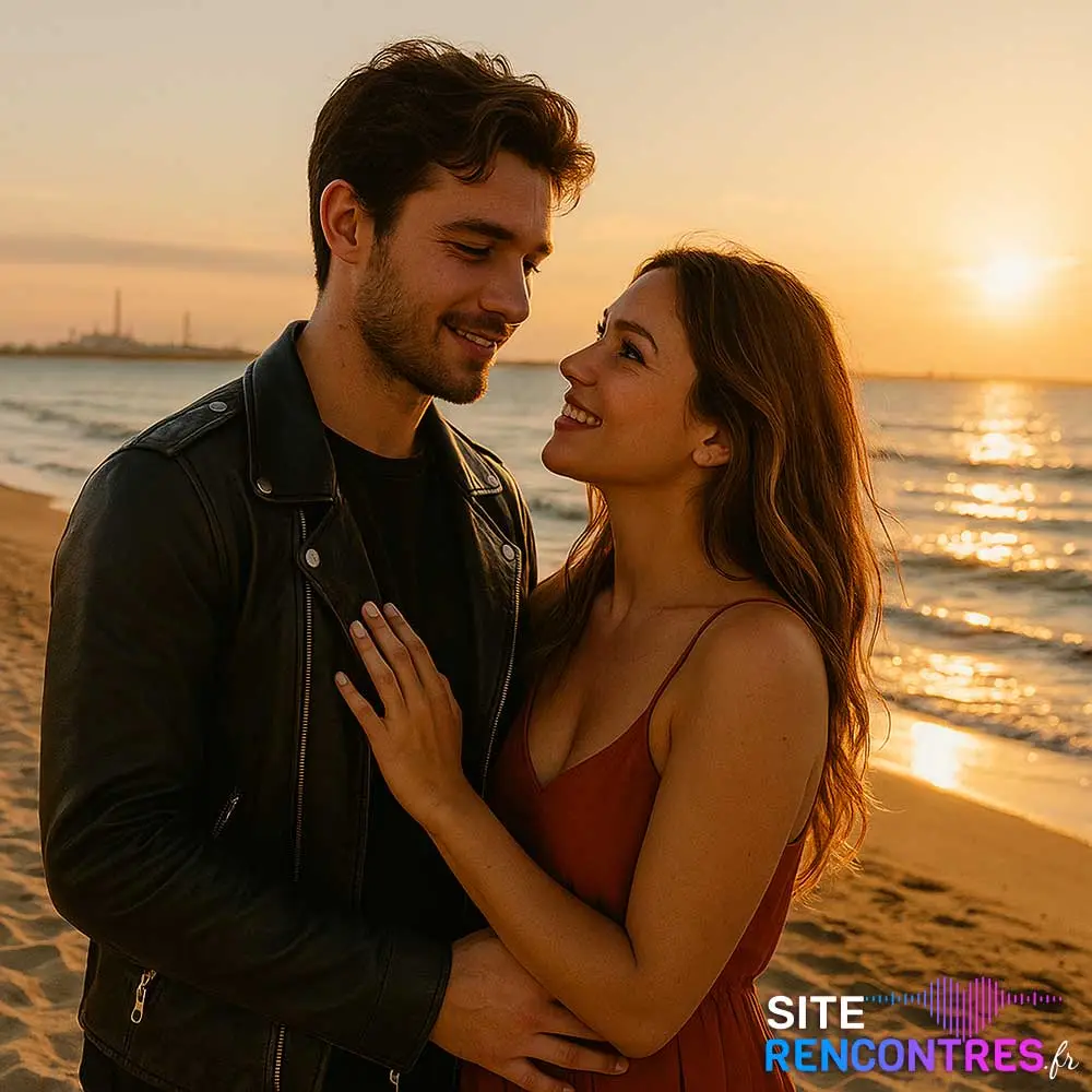 Couple complice sur la plage du Cavaou à Fos-sur-Mer, moment de rencontre romantique au bord de la mer Méditerranée au coucher du soleil.