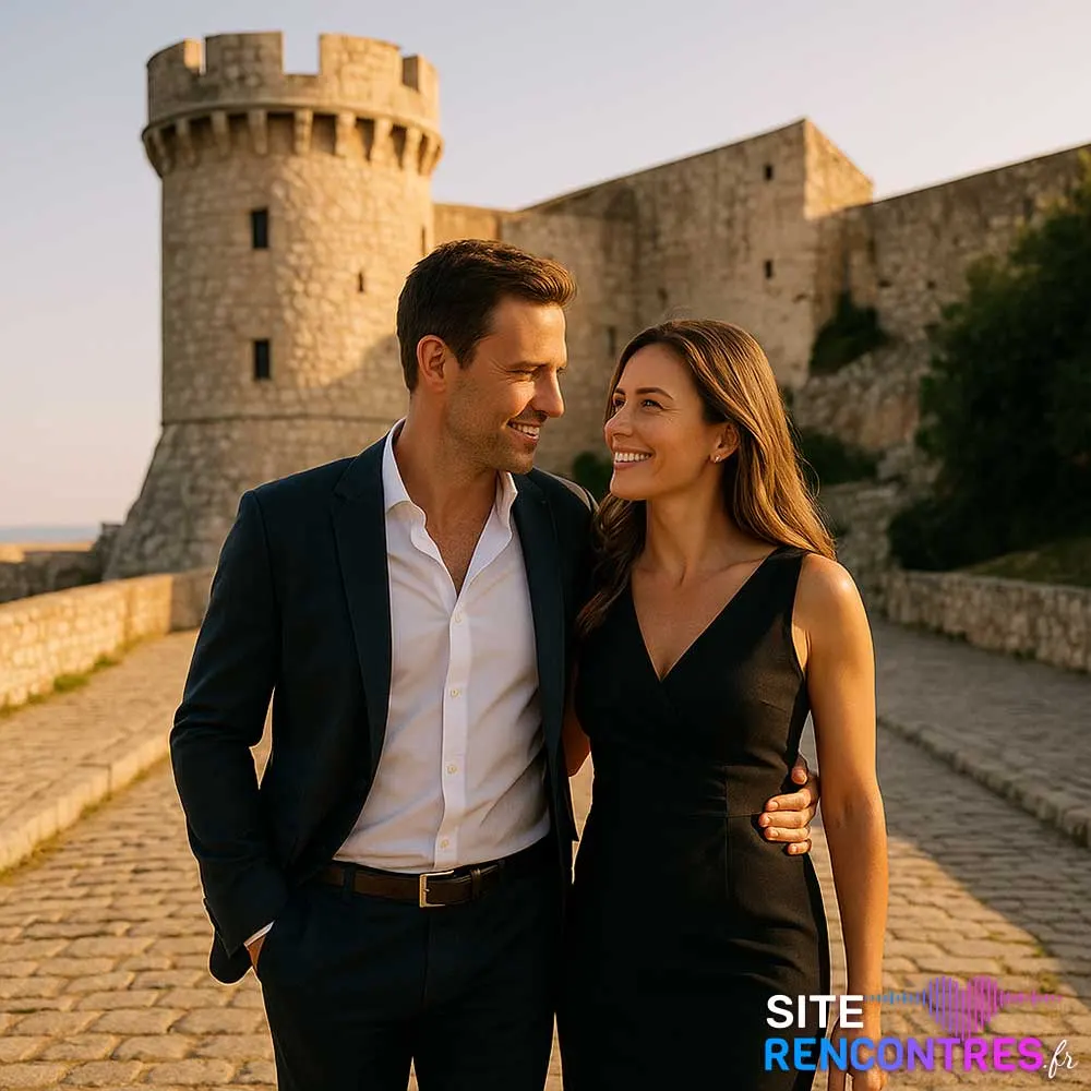 Couple élégant devant le port de plaisance de Fos-sur-Mer, scène romantique de rencontre au cœur de la ville.