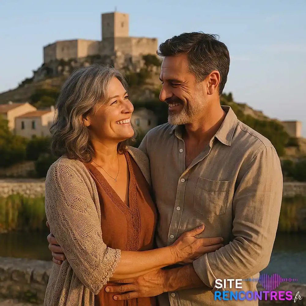 Couple complice devant le site archéologique de Saint-Blaise à Fos-sur-Mer, moment de rencontre authentique dans un lieu chargé d’histoire.