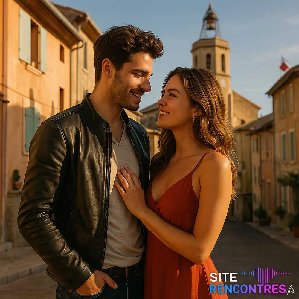 Jeune couple complice dans le centre historique de Gardanne, devant l’église Sainte-Marie – lieu emblématique pour rencontre romantique en Provence.