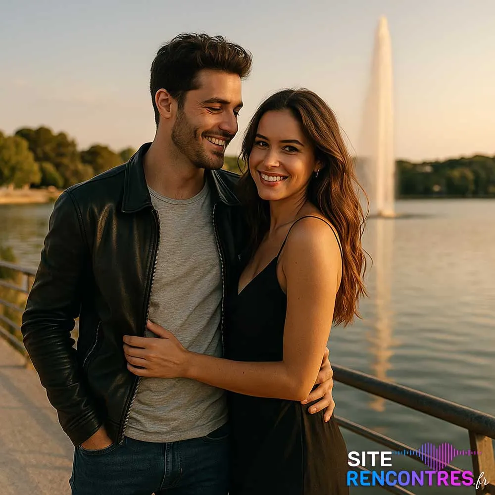 Jeune couple complice au bord de l’étang de l’Olivier à Istres – rencontre romantique devant le jet d’eau emblématique de la ville.
