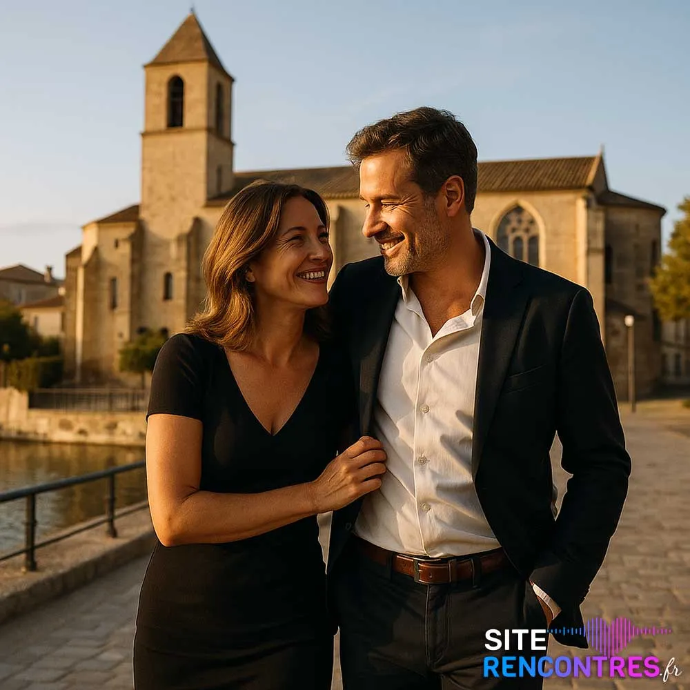 Couple complice devant l’église des anciens pénitents à Istres – lieu emblématique pour rencontre romantique au bord de l’eau.