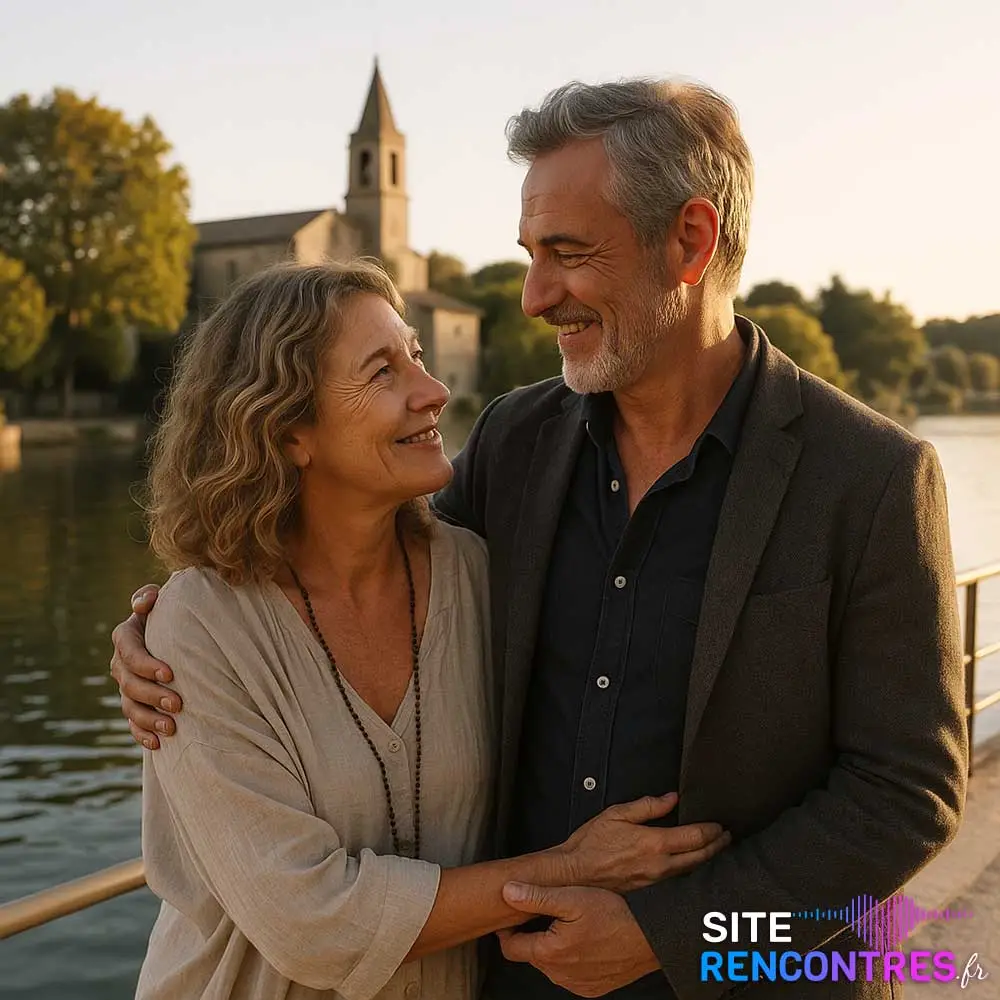 Couple senior complice au bord du lac près de la chapelle Saint-Sulpice à Istres – lieu emblématique pour rencontre romantique en Provence.