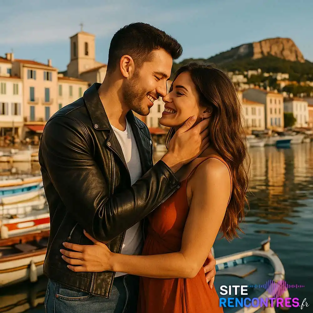 Jeune couple complice sur le Vieux-Port de La Ciotat – rencontre romantique devant les bateaux et les façades provençales.