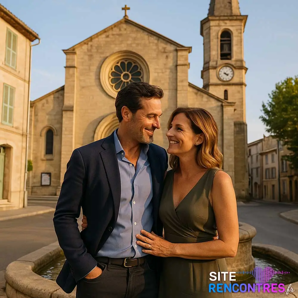Couple complice devant l’église Notre-Dame de l’Assomption à Lambesc, rencontre romantique dans un décor provençal.