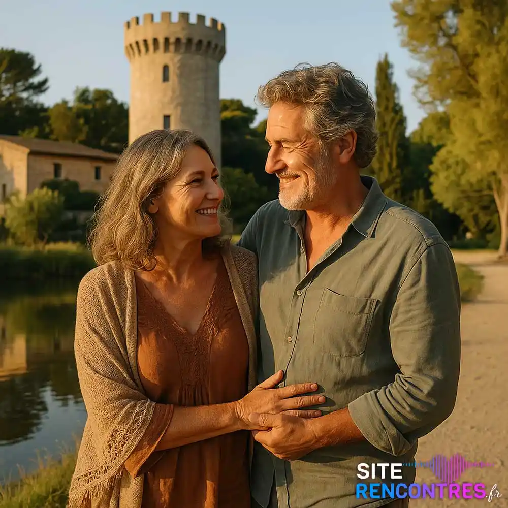 Couple senior complice au bord de l’eau devant la tour médiévale des Pennes-Mirabeau – lieu emblématique pour rencontre romantique locale.