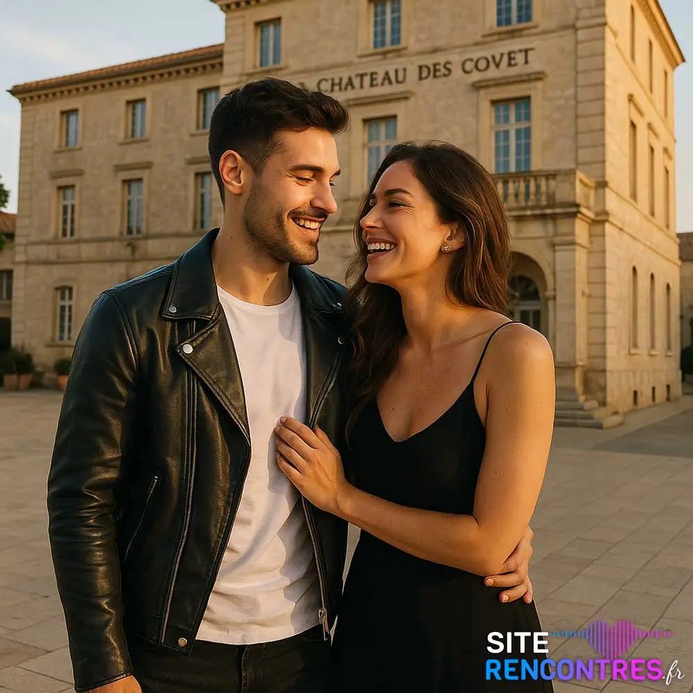 Jeune couple complice devant le château de Marignane – lieu emblématique pour rencontre romantique au cœur de la ville.