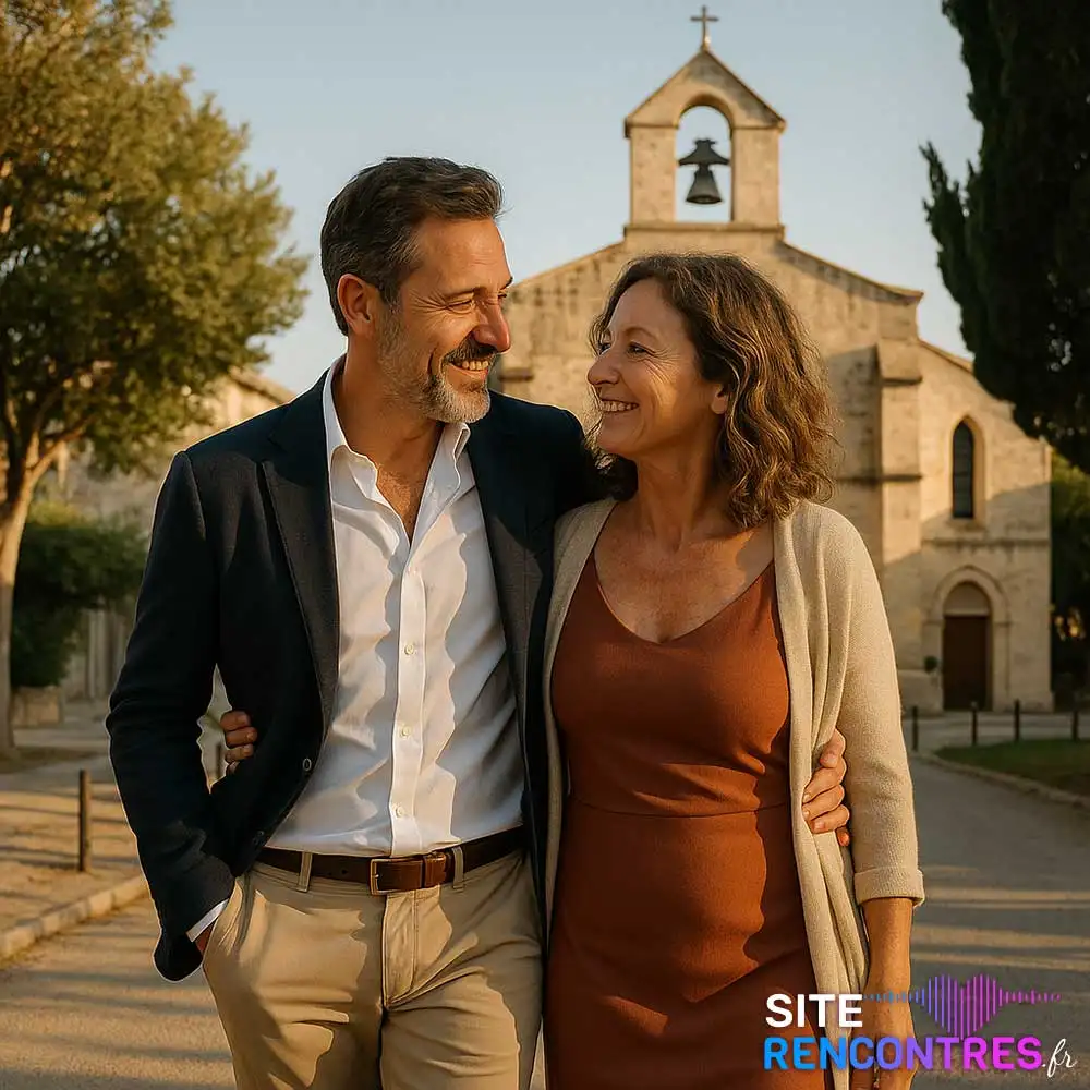 Couple complice devant l’église Saint-Nicolas à Marignane – lieu emblématique pour rencontre amoureuse dans le centre historique.