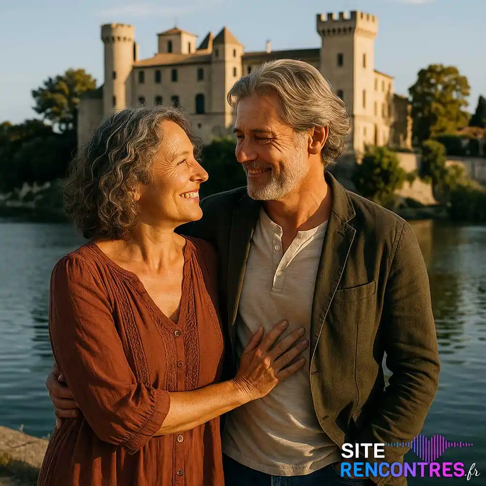 Couple senior complice au bord de l’étang devant le château de Marignane – lieu emblématique pour rencontre romantique dans les Bouches-du-Rhône.