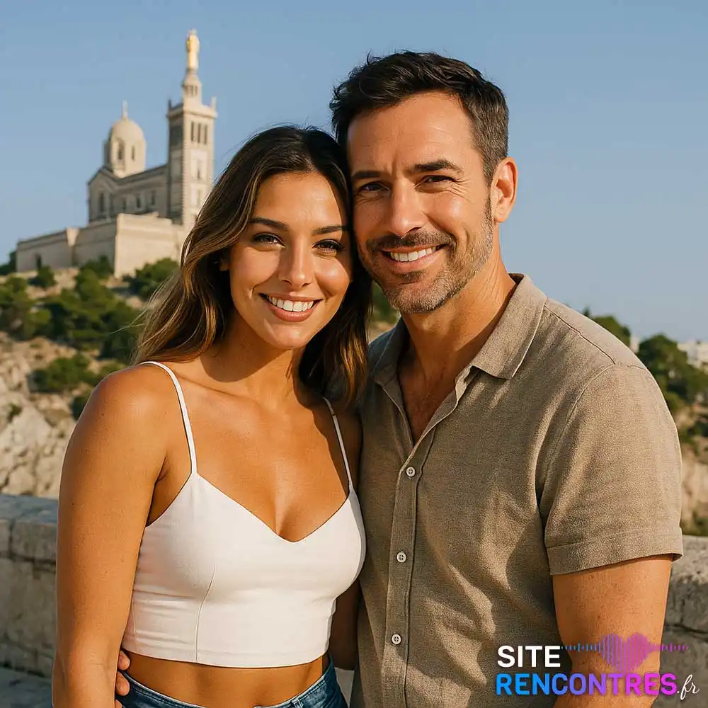 Jeune couple complice devant la basilique Notre-Dame de la Garde à Marseille – lieu emblématique pour rencontre romantique dans les Bouches-du-Rhône