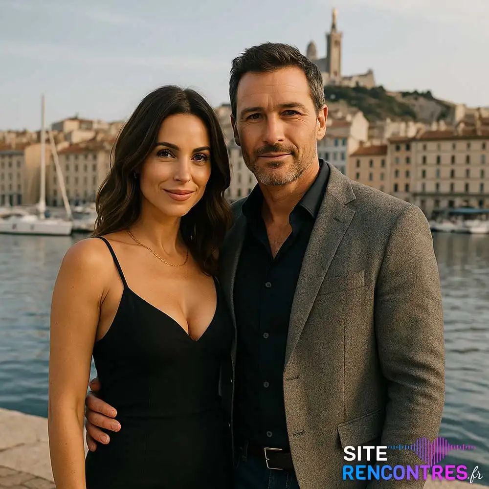 Couple chic et complice sur le Vieux-Port de Marseille avec vue sur la basilique Notre-Dame de la Garde – lieu romantique pour rencontre amoureuse locale
