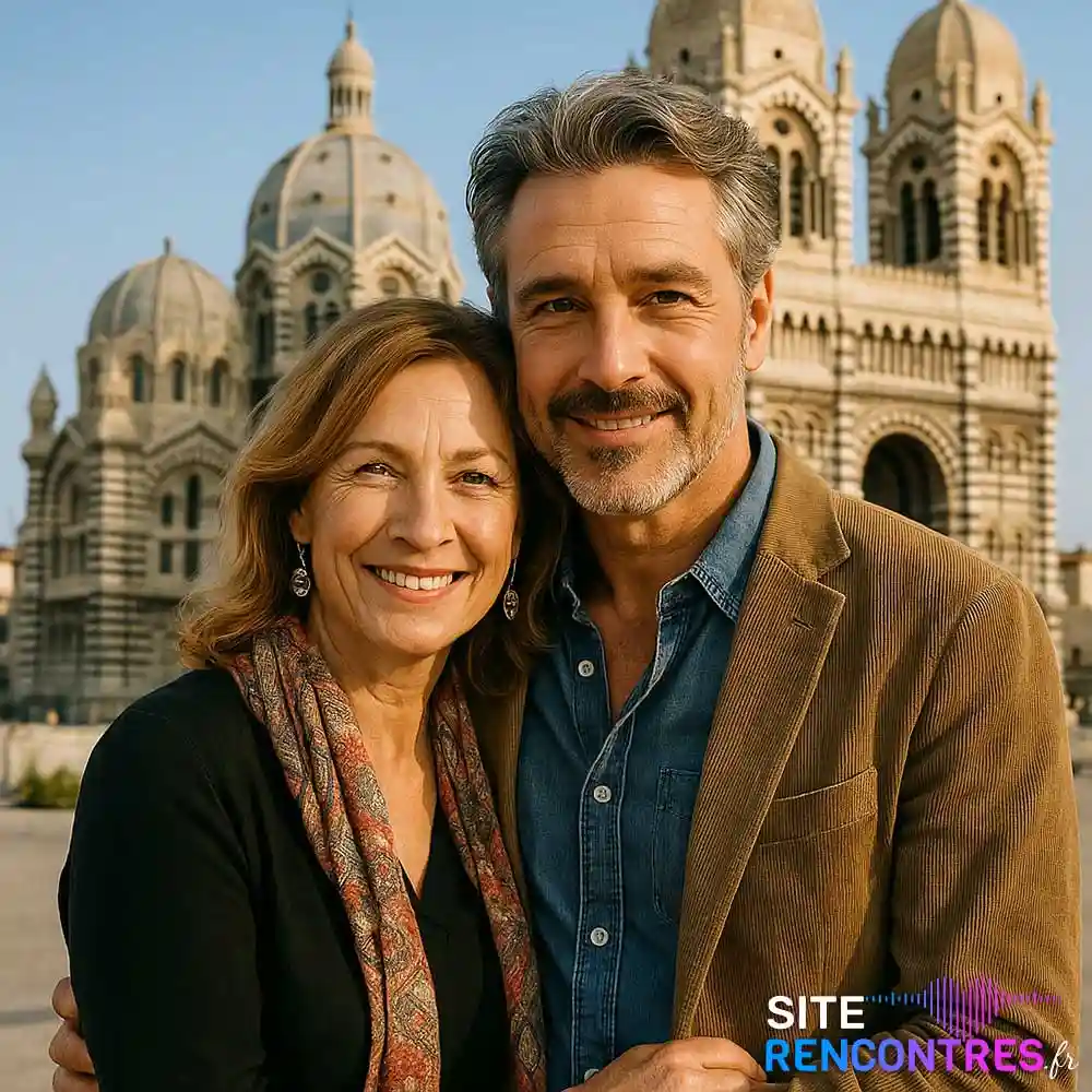 Couple senior complice devant la cathédrale de la Major à Marseille – lieu emblématique des Bouches-du-Rhône pour rencontres authentiques et élégantes