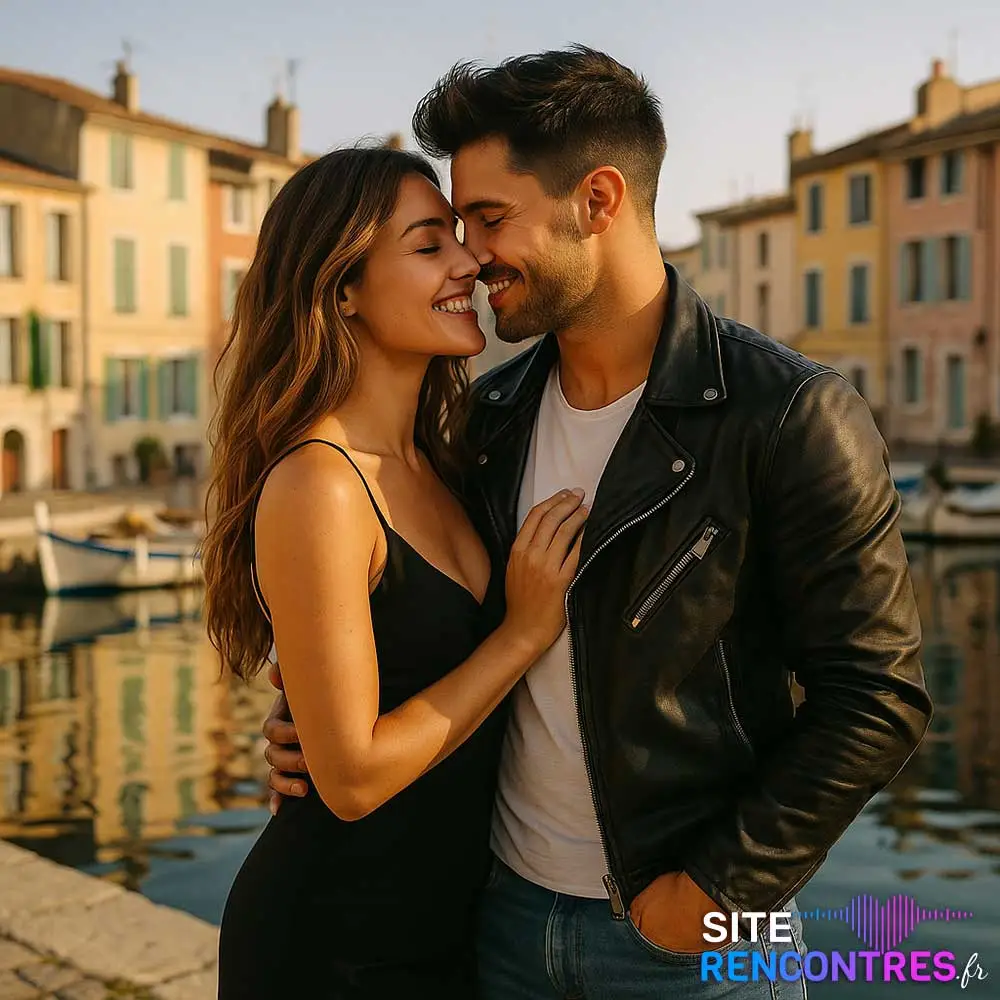 Jeune couple complice devant le Miroir aux Oiseaux à Martigues – lieu romantique emblématique pour rencontre amoureuse en Provence.