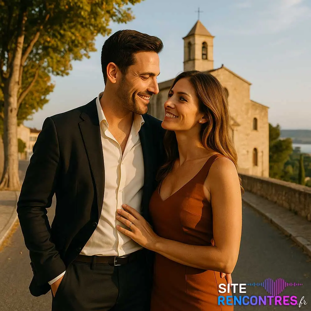 Couple complice devant le Village de Marques à Miramas – lieu emblématique pour rencontre chic et moderne en Provence.