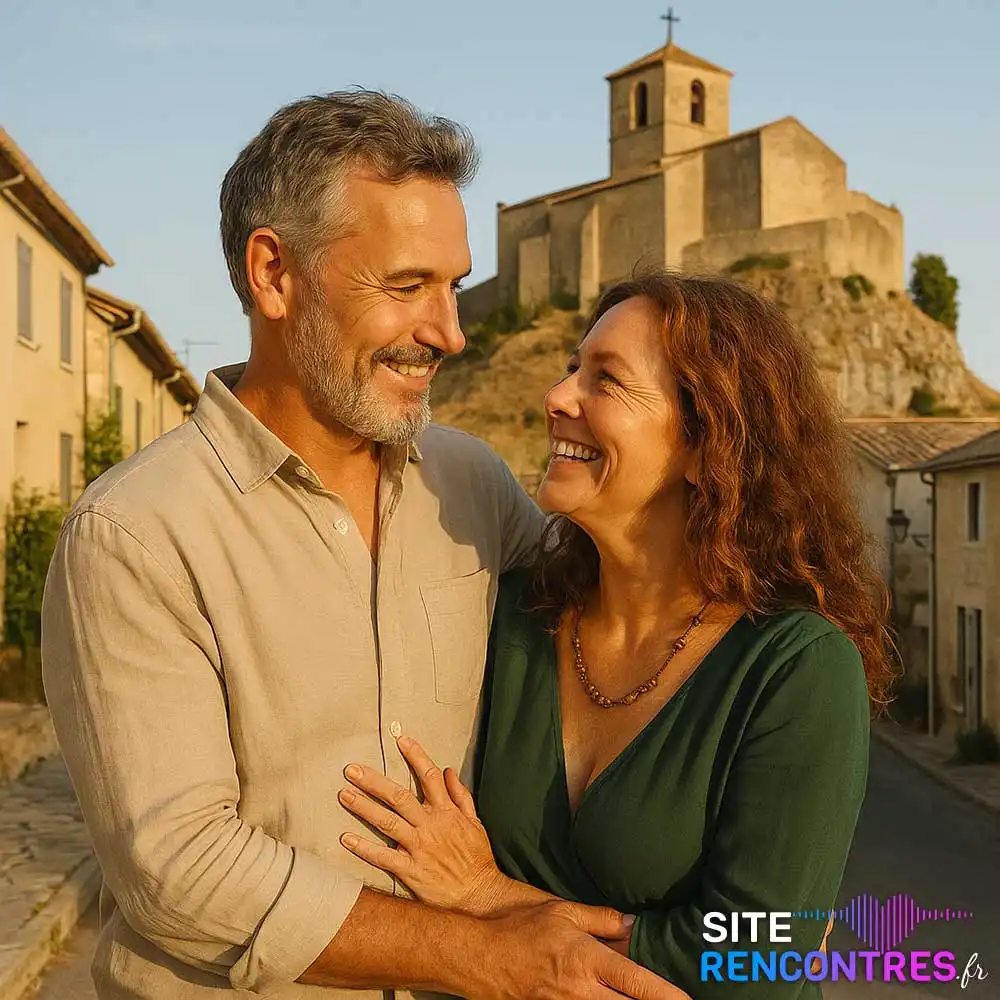 Couple senior complice devant le vieux village de Miramas – lieu emblématique pour rencontre romantique avec vue sur la Provence.