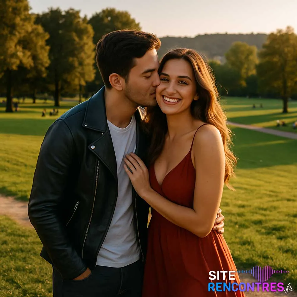 Couple complice dans le parc du Bocage à Plan-de-Cuques, rencontre romantique sous la lumière dorée du soir.