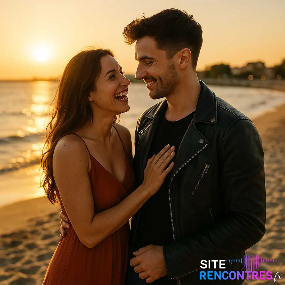 Couple complice sur la plage des Ours à Port-de-Bouc, scène romantique de rencontre au coucher du soleil en bord de Méditerranée.