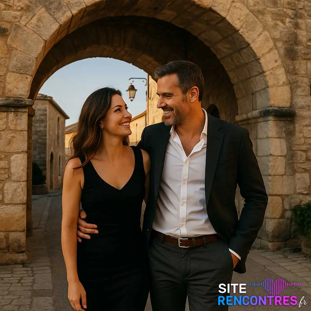 Couple complice devant l’église Saint-Jacques à Rognac, moment de rencontre romantique dans le cœur historique de la ville.