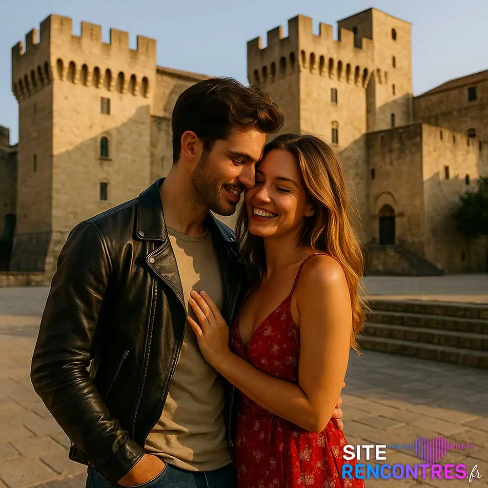 Jeune couple complice devant le Château de l’Empéri à Salon-de-Provence – lieu emblématique pour rencontre romantique en Provence.