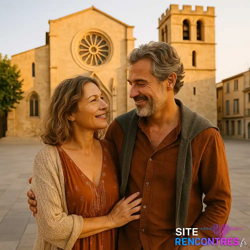 Couple senior complice devant l’église Saint-Laurent à Salon-de-Provence – lieu emblématique pour rencontre authentique en Provence.