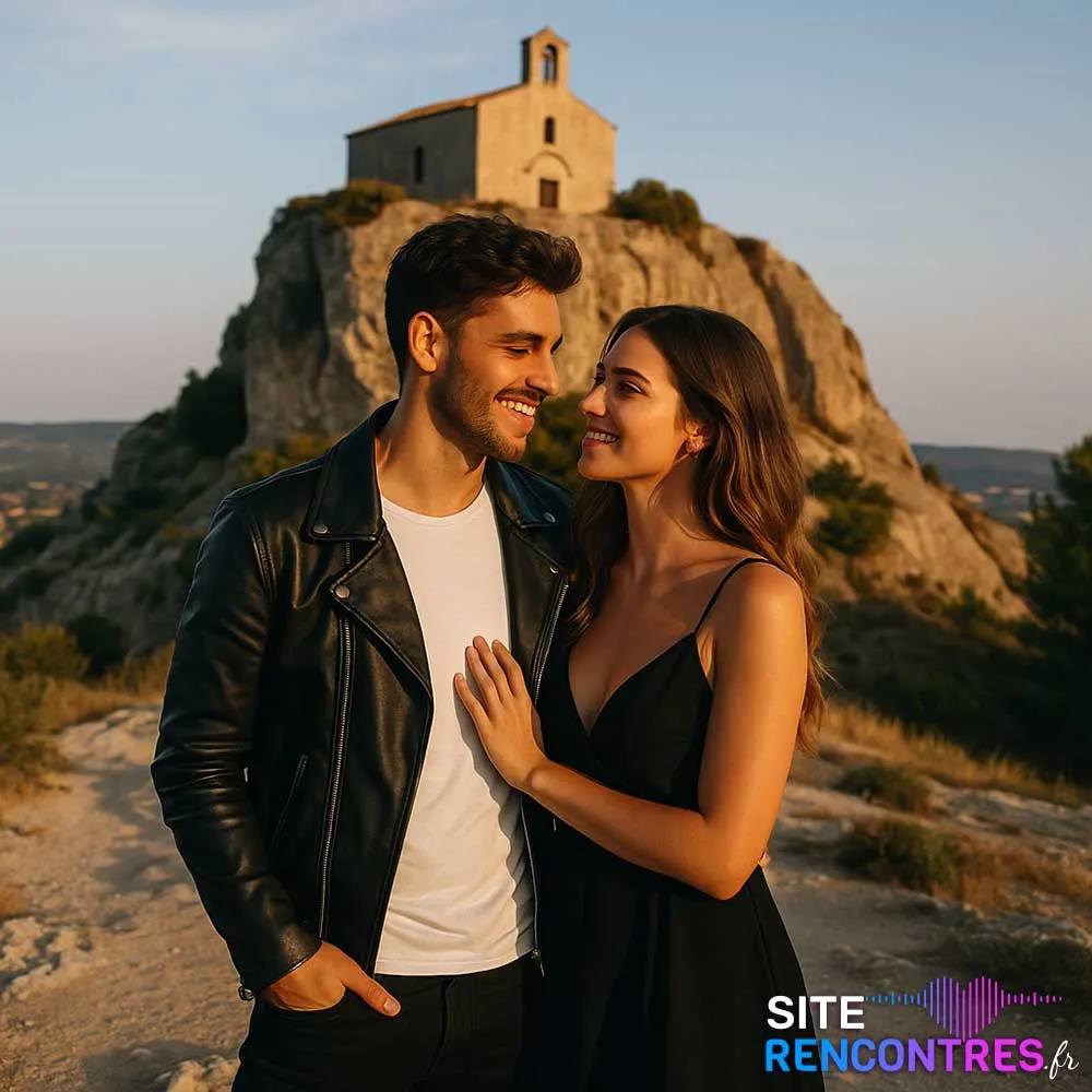 Jeune couple complice devant la chapelle Notre-Dame-de-Vie sur le rocher de Vitrolles – lieu emblématique pour rencontre romantique en Provence.