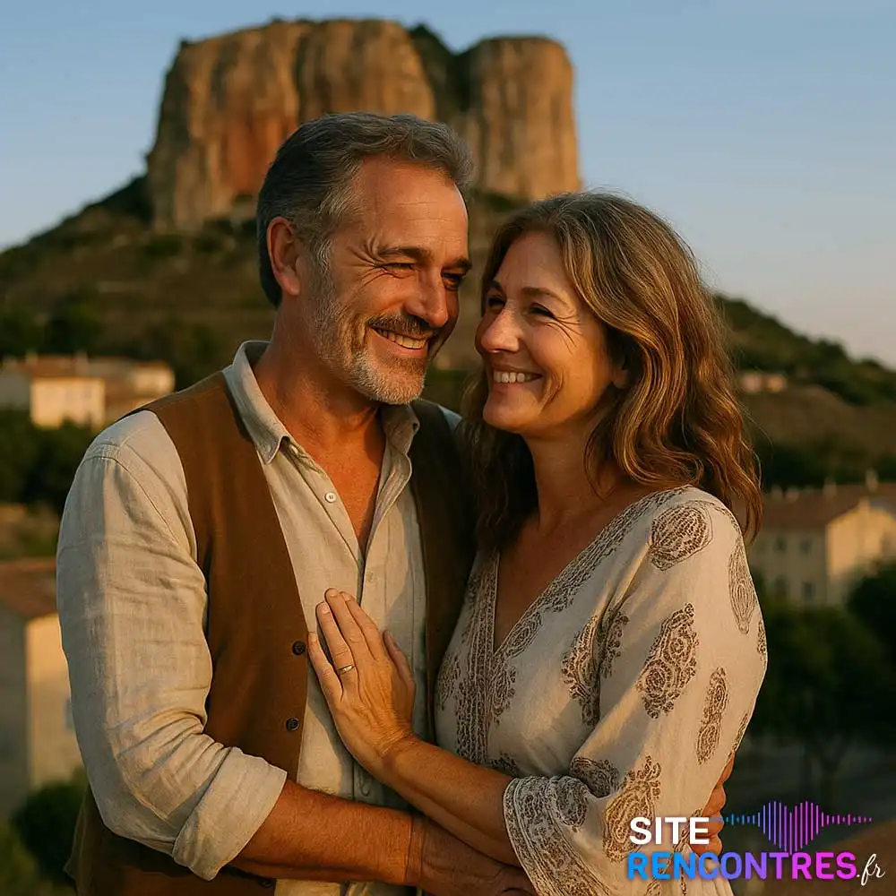 Couple complice devant le Rocher de Vitrolles au coucher du soleil – lieu emblématique pour rencontre authentique dans les Bouches-du-Rhône.