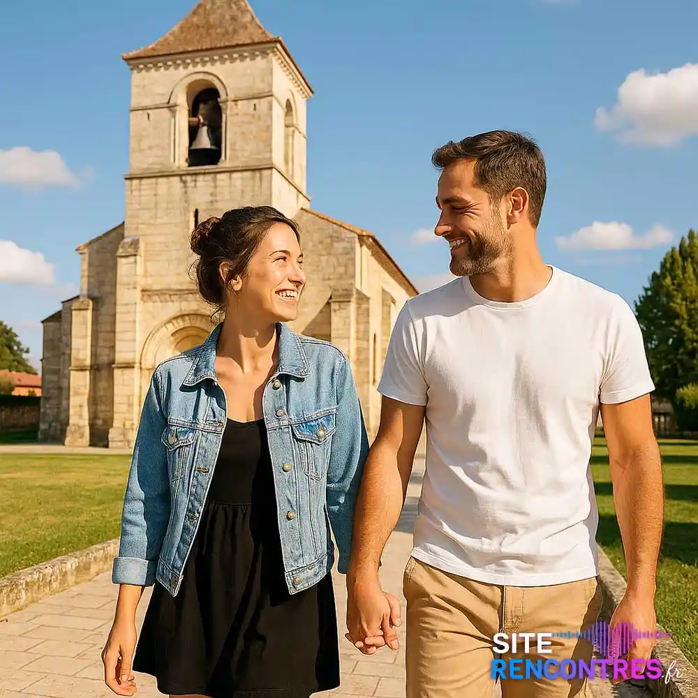 Jeune couple amoureux devant l'Église Saint-Pierre d’Ambarès-et-Lagrave