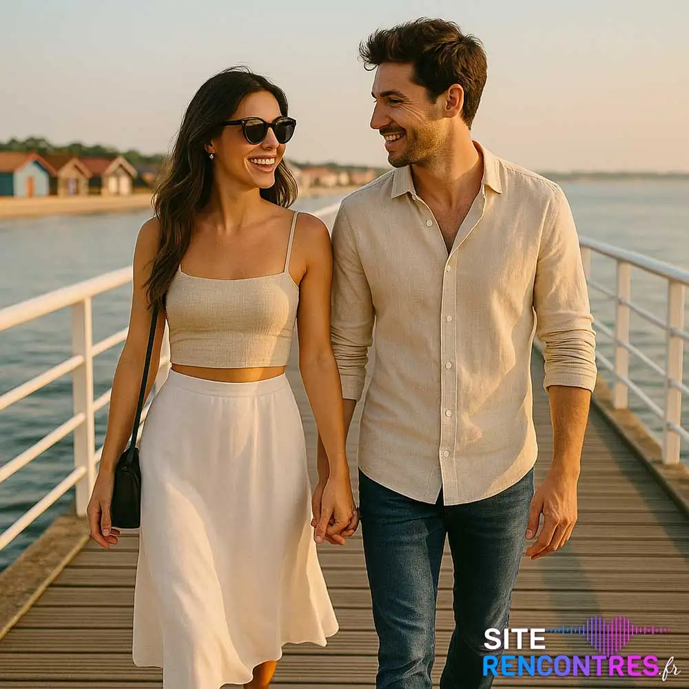 Couple souriant au Port ostréicole et ses cabanes colorées d'Andernos-les-Bains – Rencontre gratuite et locale