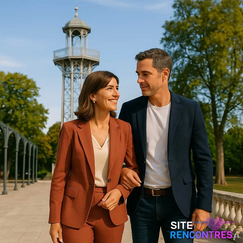 Couple souriant devant Le Belvédère de la Ville d’Hiver, Parc Mauresque à Arcachon – Rencontre gratuite et locale