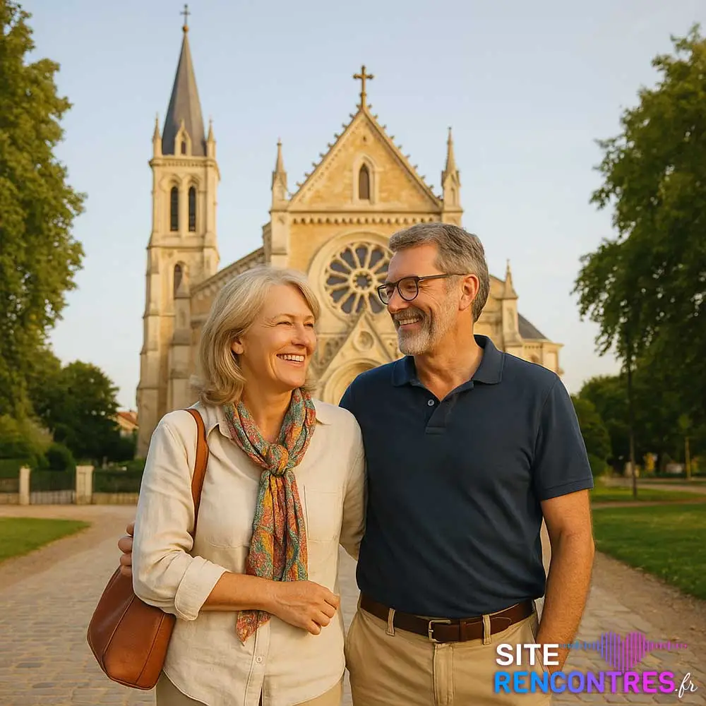 Jeune couple de retraité devant La Basilique Notre-Dame d’Arcachon – Une rencontre naturelle