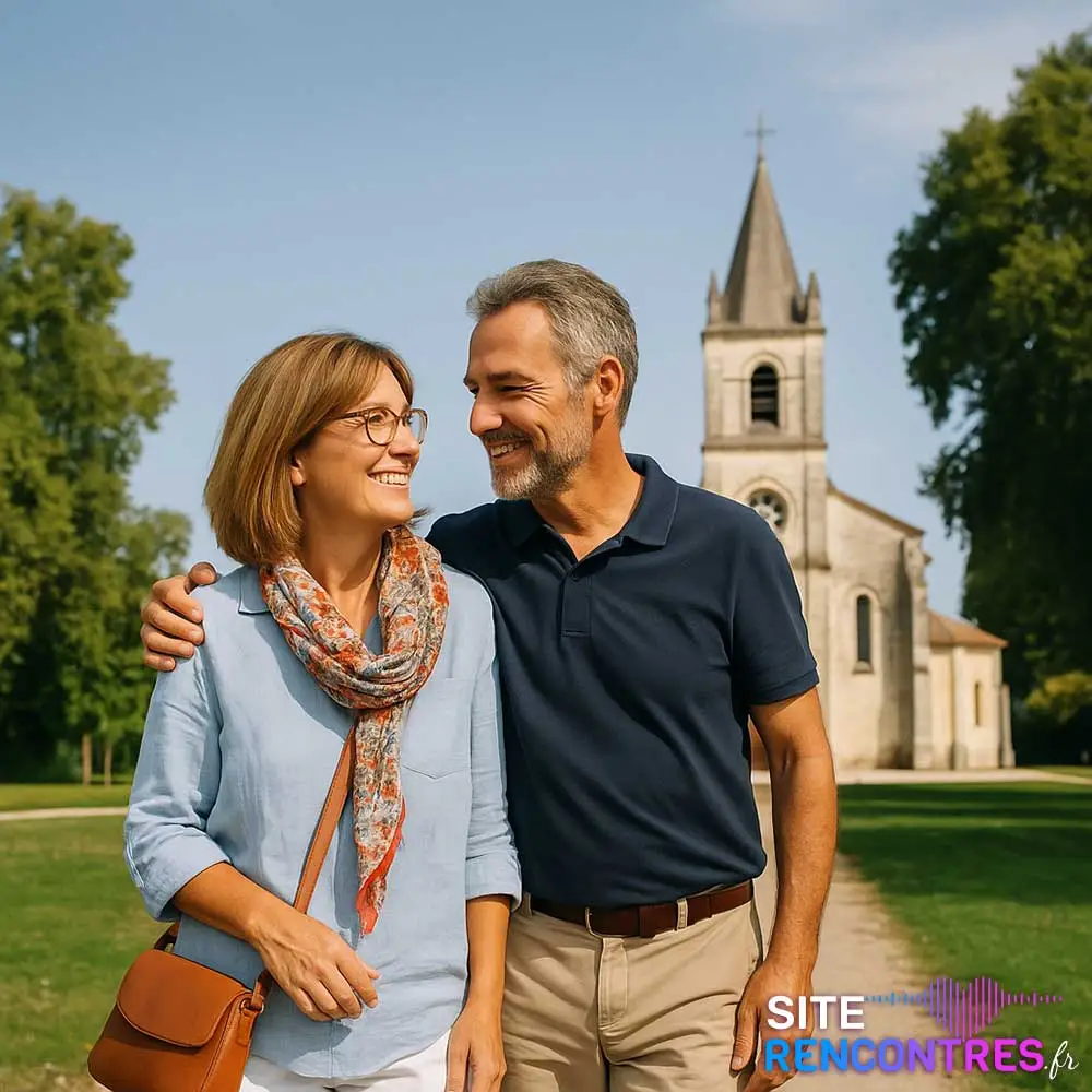 Couple d'amant devant L’Église Saint-Gervais Saint-Protais et le Parc Lecoq de Biganos – Une rencontre naturelle