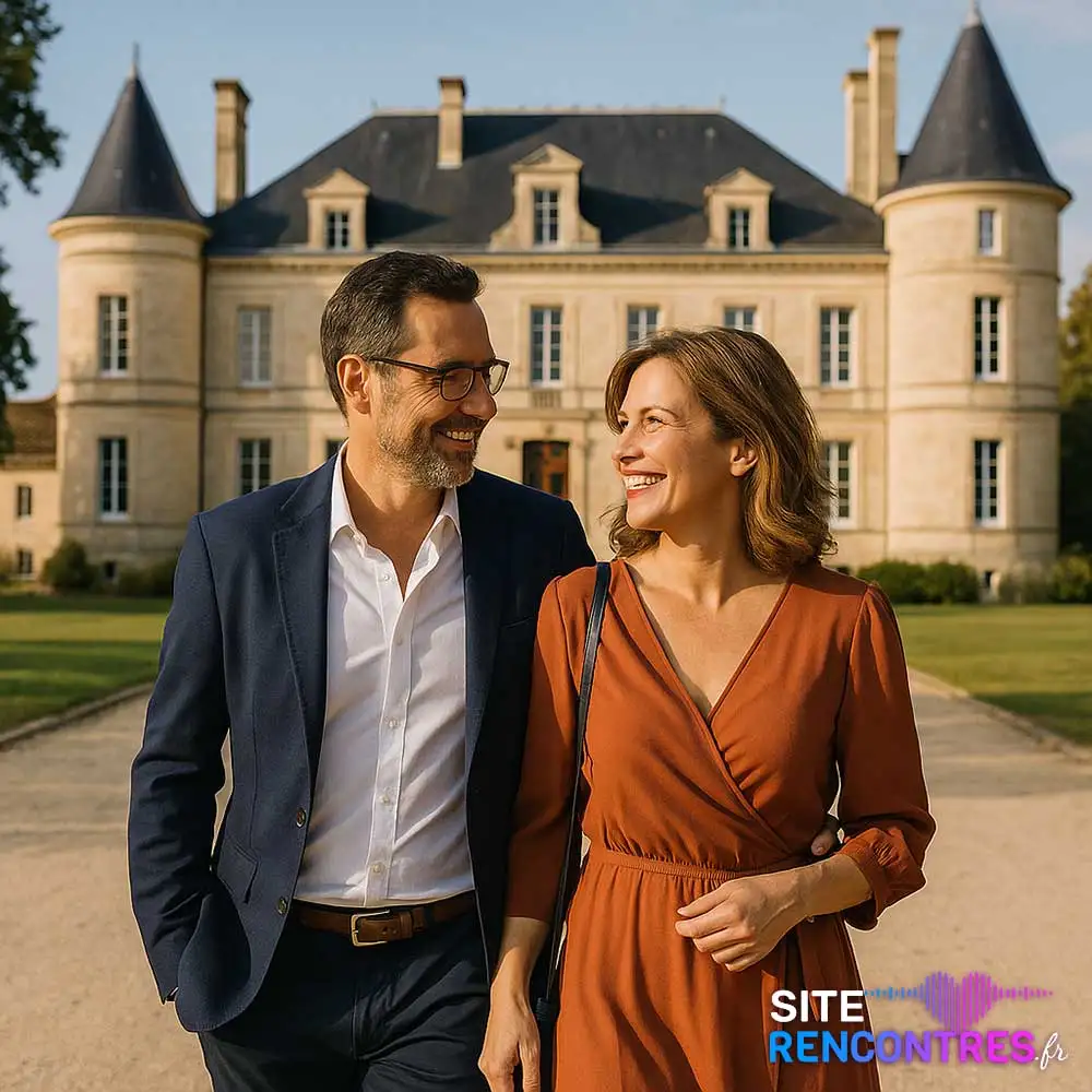 Couple souriant devant Le Château de Fongravey dans le Parc de Fongravey de Blanquefort – Rencontre gratuite et locale