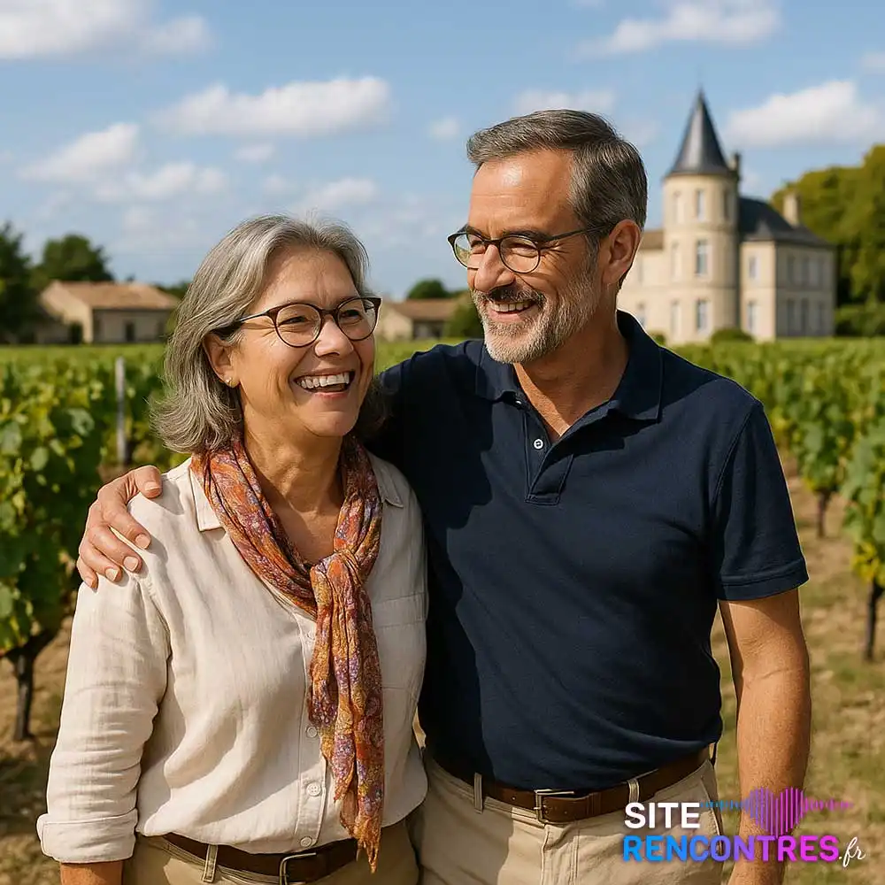 Jeune couple de retraité dans Les Vignobles du Haut-Médoc aux portes de la ville de Blanquefort – Une rencontre naturelle